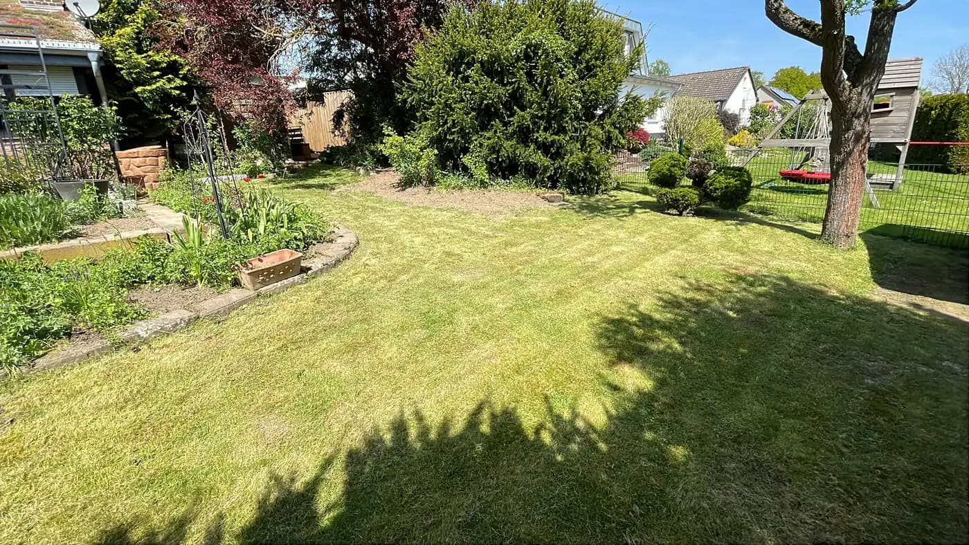 Gepflegter Garten mit frisch gemähtem Rasen und beschnittenen Sträuchern
