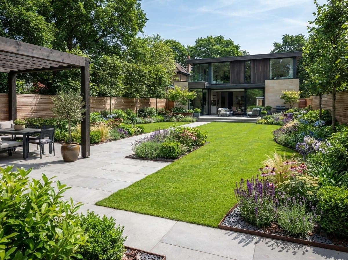 Neu angelegter Garten mit strukturierten Beeten und klaren Kanten