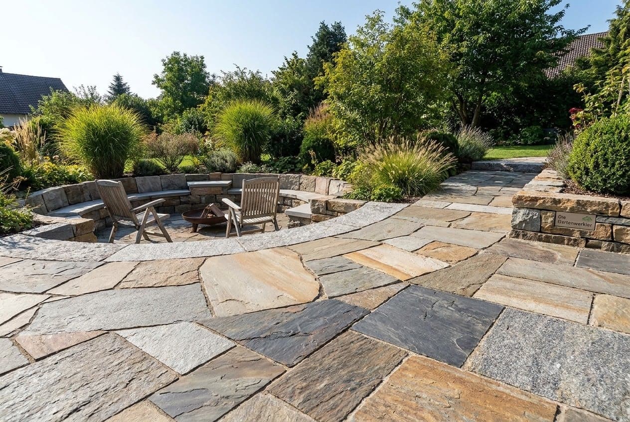 Neu gebaute Terrasse mit Natursteinweg und Bepflanzung